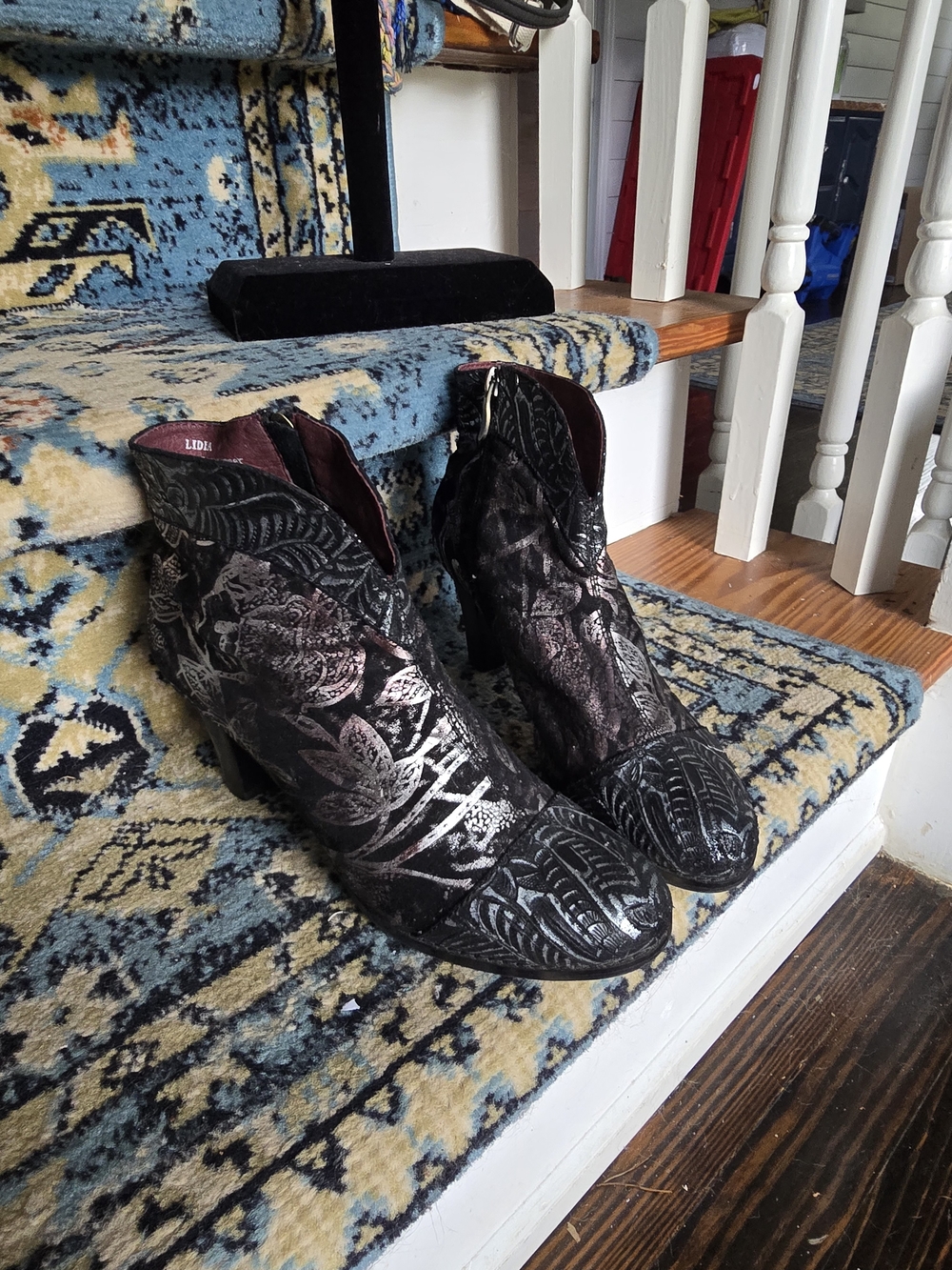 Lidia Women's Black Floral Embossed Ankle Boots